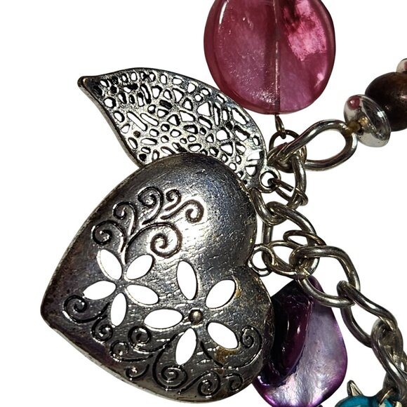 Handcrafted Charm Bracelet Wooden Beads Metal Heart Bird Blue Floral Charms - Picture 3 of 8